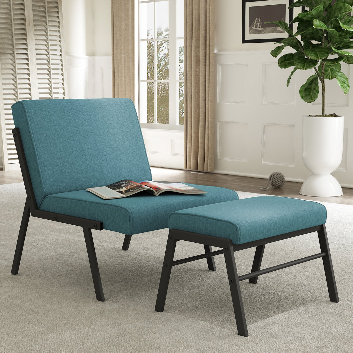 Green Linen Accent Chair with Ottoman M5059