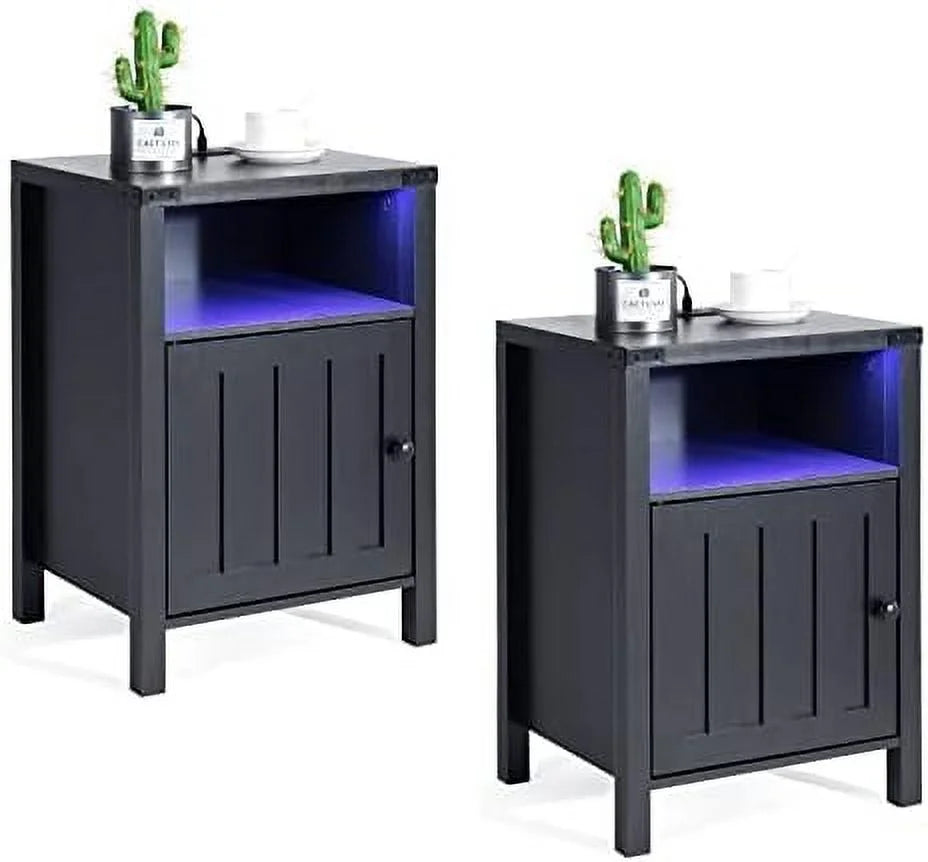 Nightstand with LED Lights and Charging Station Grey C35951