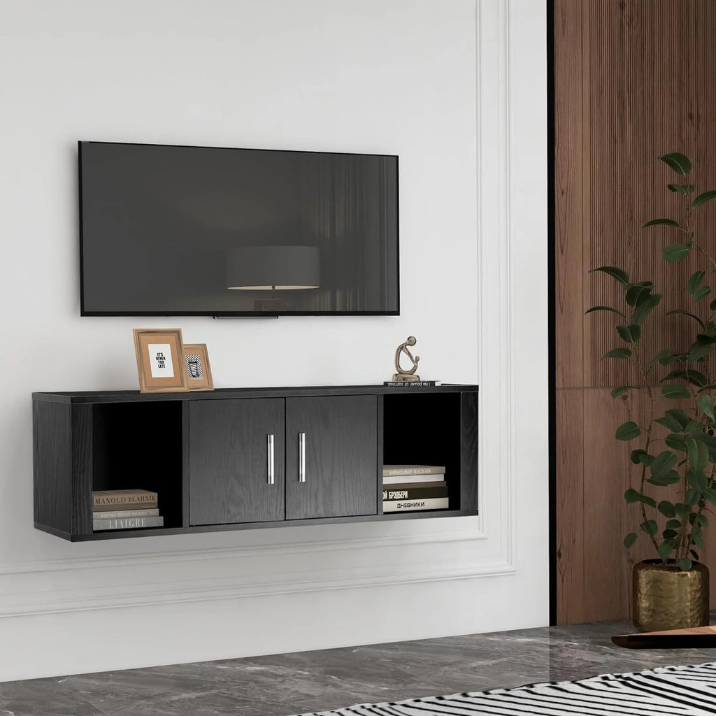 Wall Mounted Storage Cabinet 2 Cube Floating Desk with 2 Doors and 2 Open Shelves Black T926