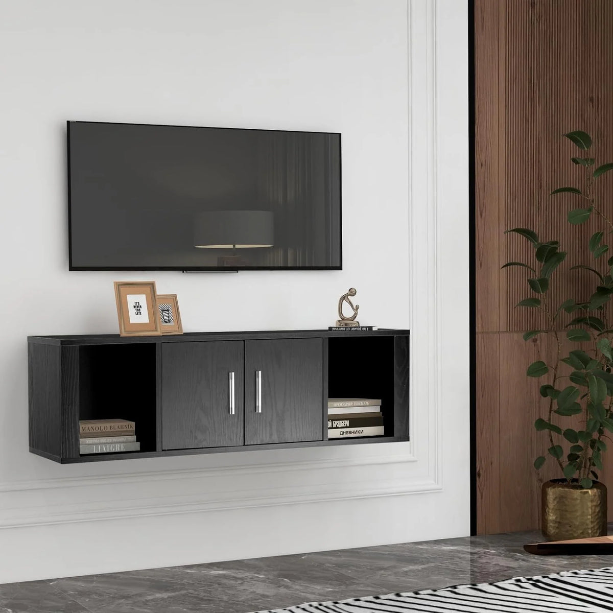 Wall Mounted Storage Cabinet 2 Cube Floating Desk with 2 Doors and 2 Open Shelves Black T926