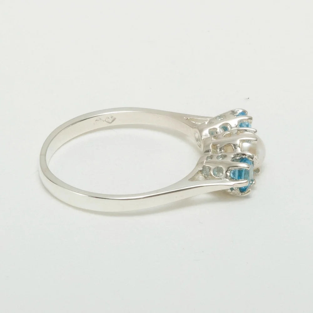 925 Sterling Silver Cultured Pearl & Blue Topaz Engagement Ring N489960