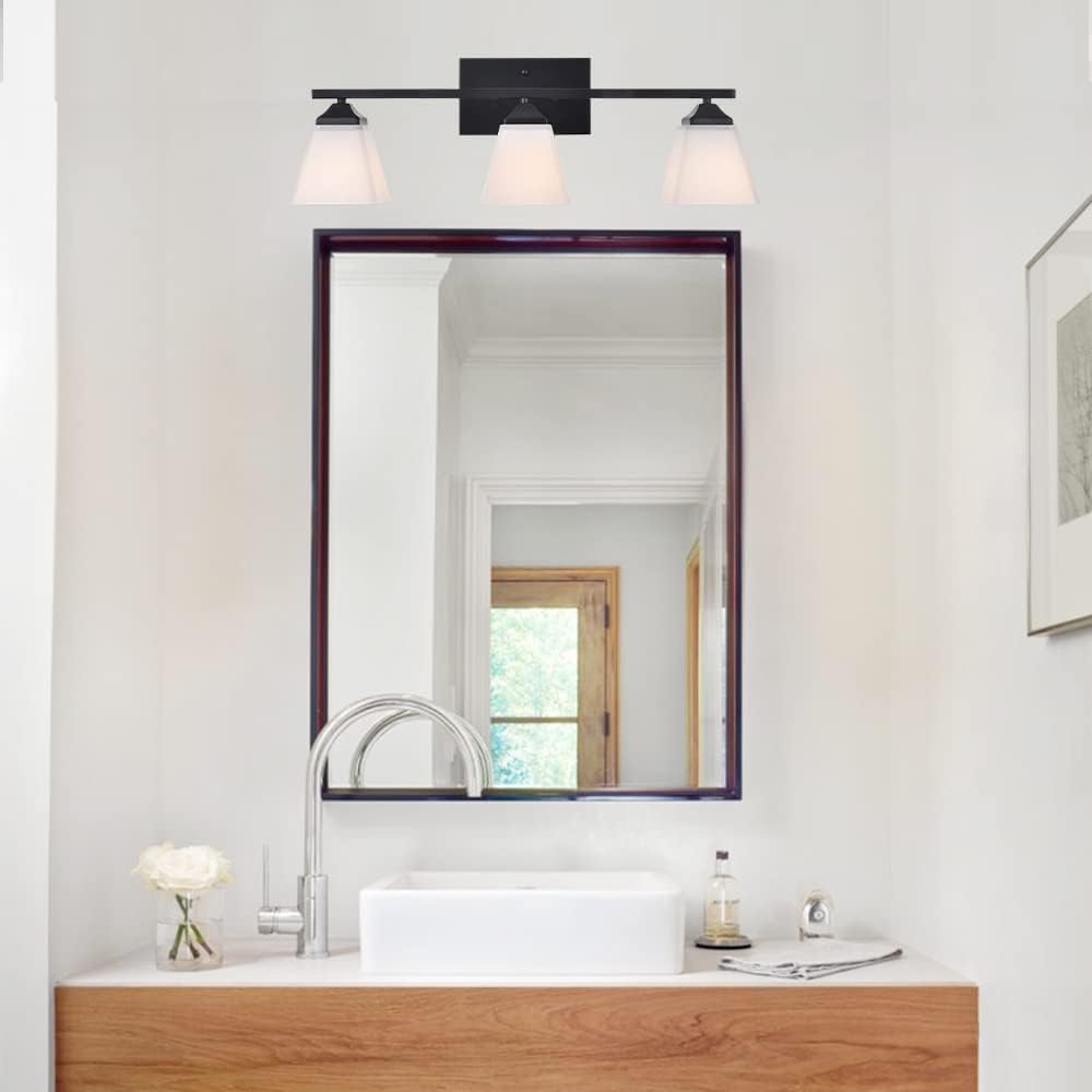 3 Light Black Bathroom Vanity Light Fixture with Opal White Glass Shade T6236
