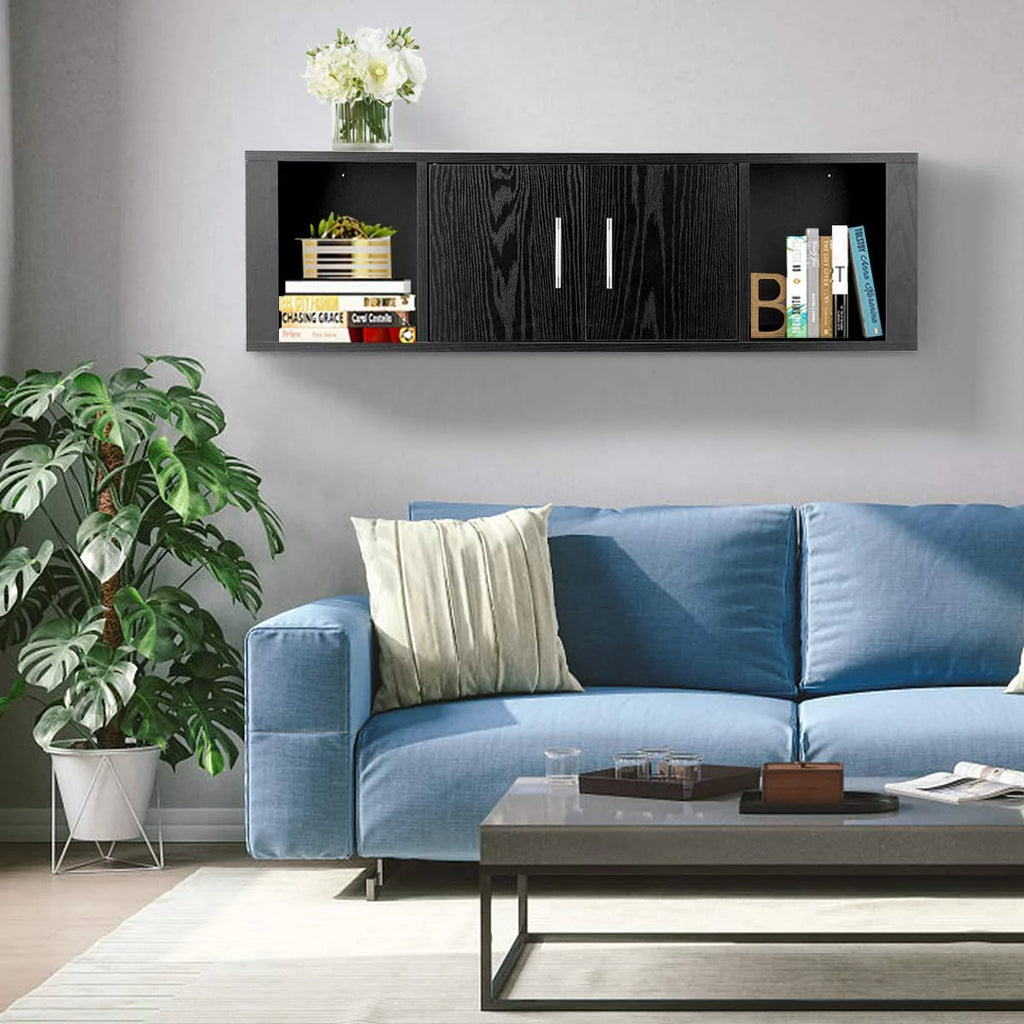 Wall Mounted Storage Cabinet 2 Cube Floating Desk with 2 Doors and 2 Open Shelves Black T926