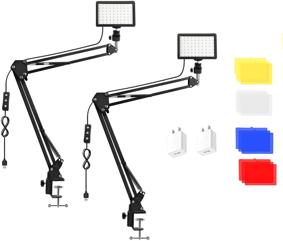 2 Packs 70 LED Video Conference Lighting with Clamp Scissor Arm Stand, Color Filters, USB Wall Charger, 5600K USB Studio Light Kit H3138
