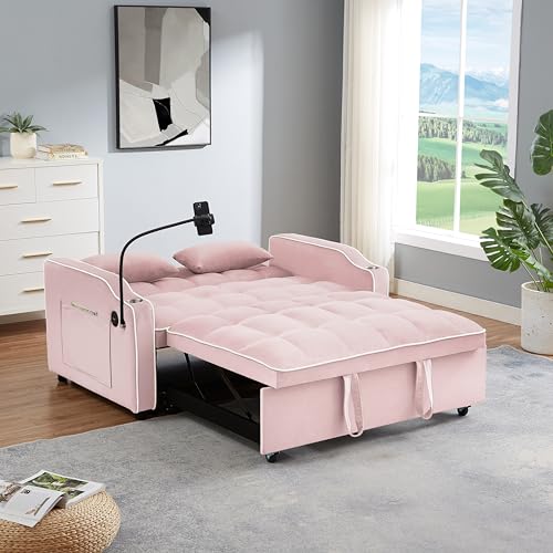 Pink Velvet Pull Out Sofa Bed F606