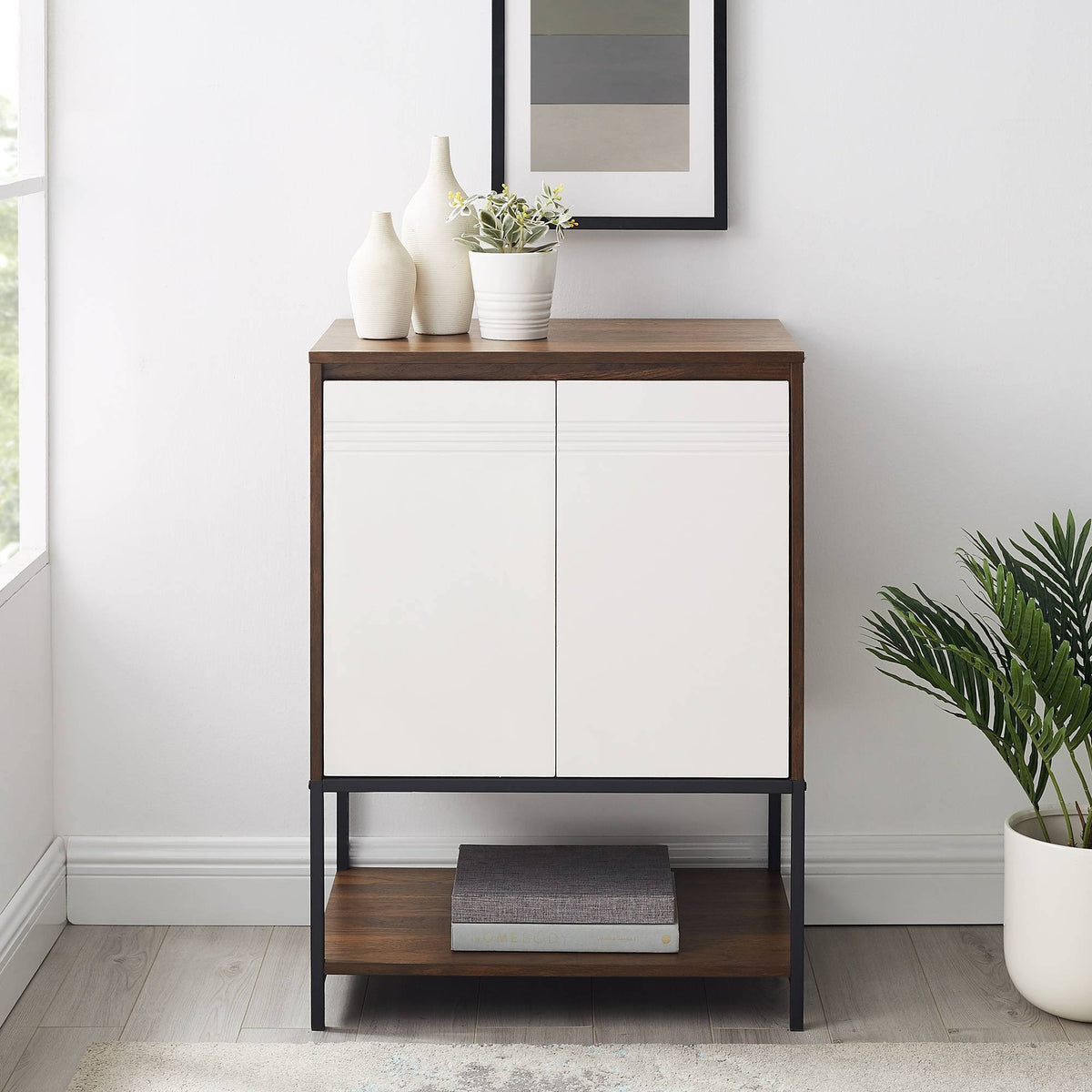 2 Door Accent Cabinet with Lower Shelf Dark Walnut Solid White L36443