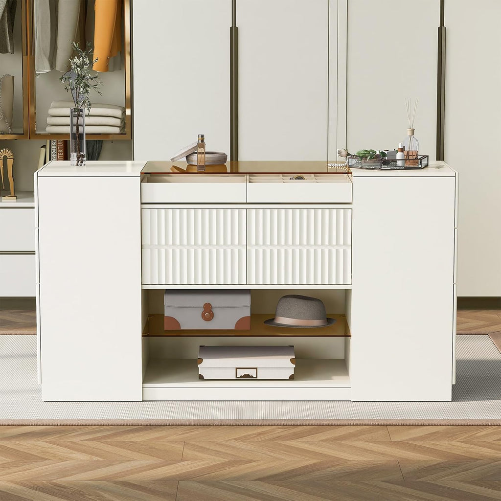 Glass Top Wooden Closet Island with 6 Drawers 3 Cabinets Y143911