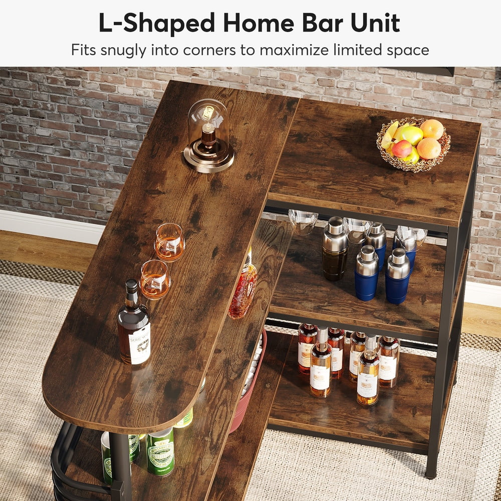 Rustic Brown L-Shaped 3 Tier Liquor Bar Table with Storage Shelves and Wine Glasses Holder O260