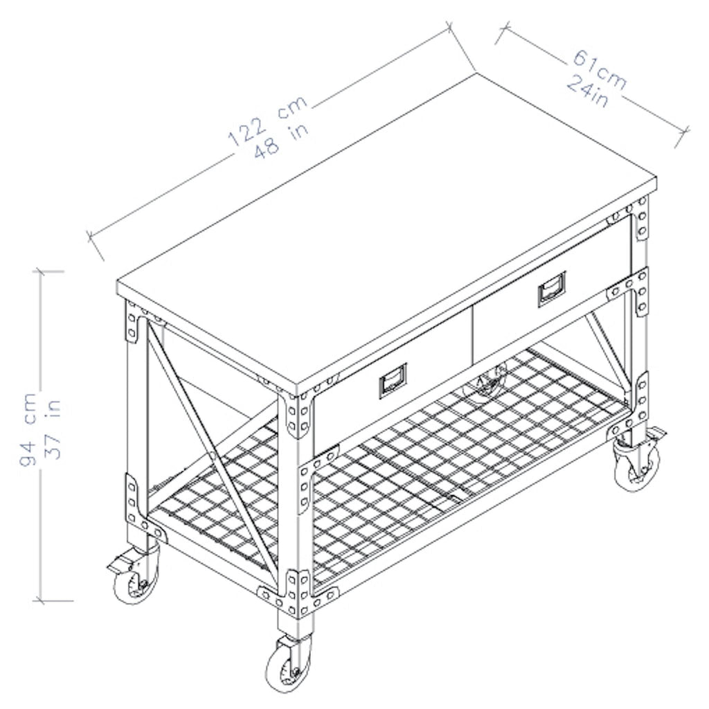 48 in x 24 in 2 Drawer Rolling Industrial Workbench with Wood Top E4297