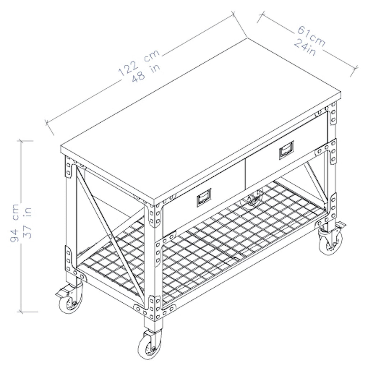 48 in x 24 in 2 Drawer Rolling Industrial Workbench with Wood Top E4297