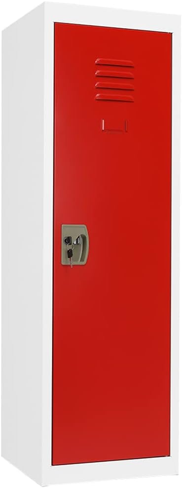 Red/White Metal Kids Locker with Lock and 2 Adjustable Shelves U6804