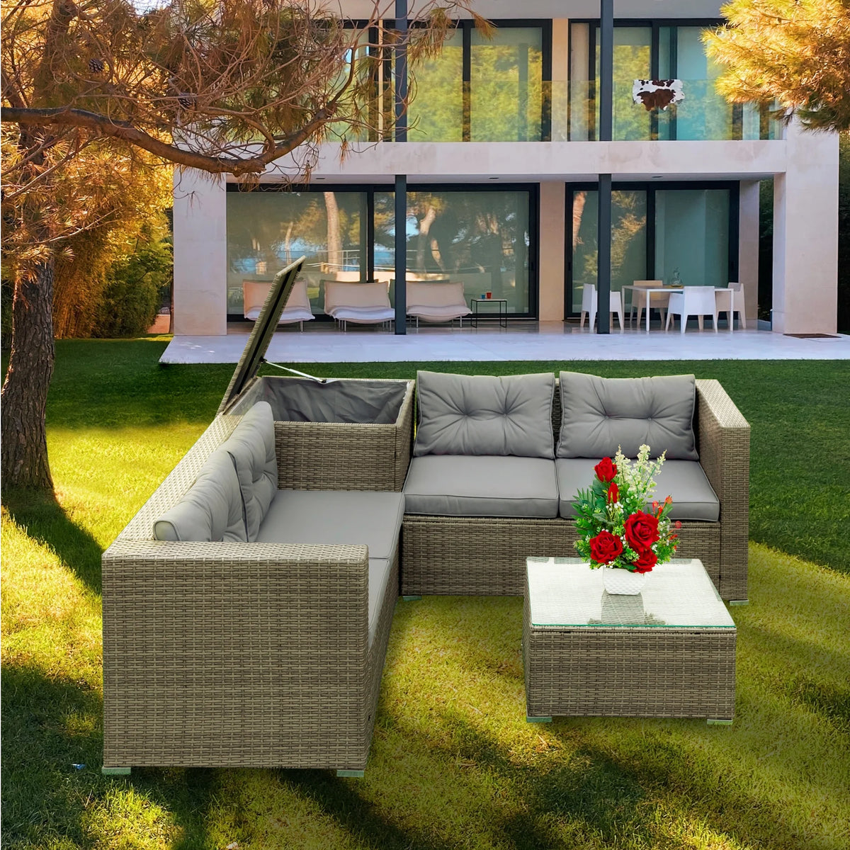 4 Piece Patio Sectional Wicker Rattan Outdoor Furniture Sofa Set with Storage Box Grey D23091