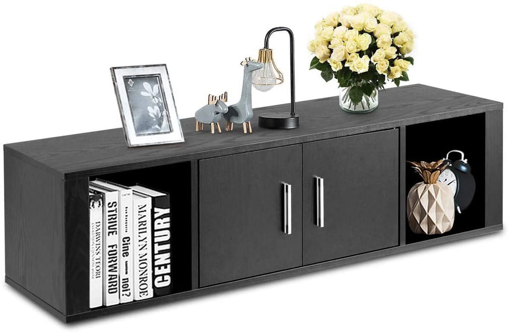 Wall Mounted Storage Cabinet 2 Cube Floating Desk with 2 Doors and 2 Open Shelves Black T926