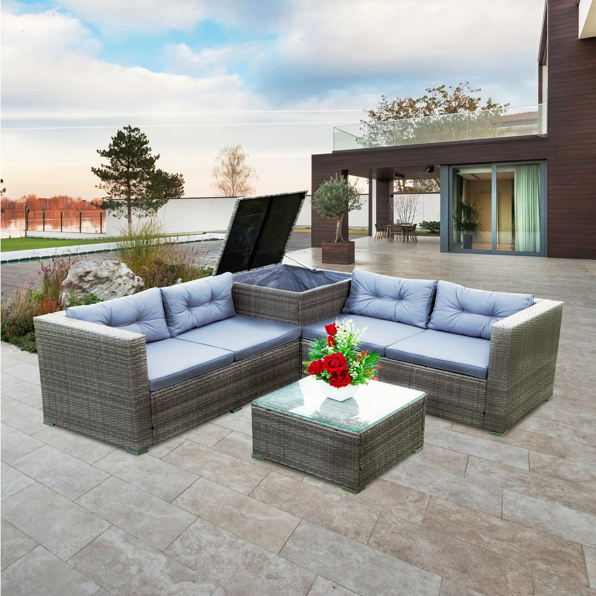 4 Piece Patio Sectional Wicker Rattan Outdoor Furniture Sofa Set with Storage Box Grey D23091