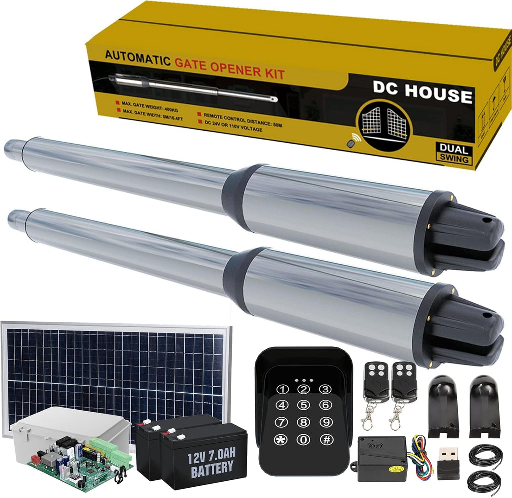 24V DC/AC Heavy-Duty Automatic Solar Dual Gate Opener Kit with Keypad + Car Sensor for Swing Gates Up to 16.4 Feet U20490