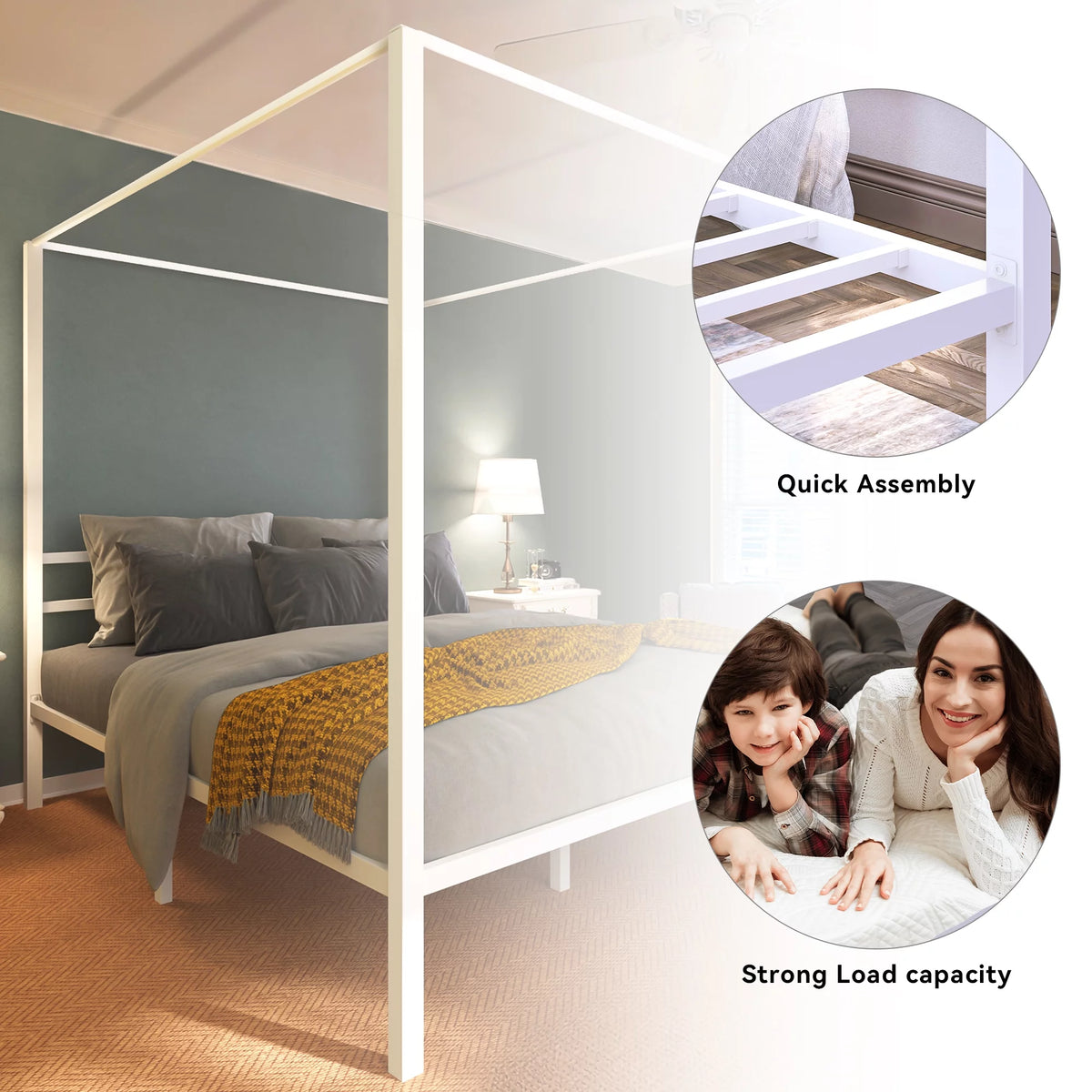 White Twin Size Metal Canopy Platform Bed Frame with Headboard W293674