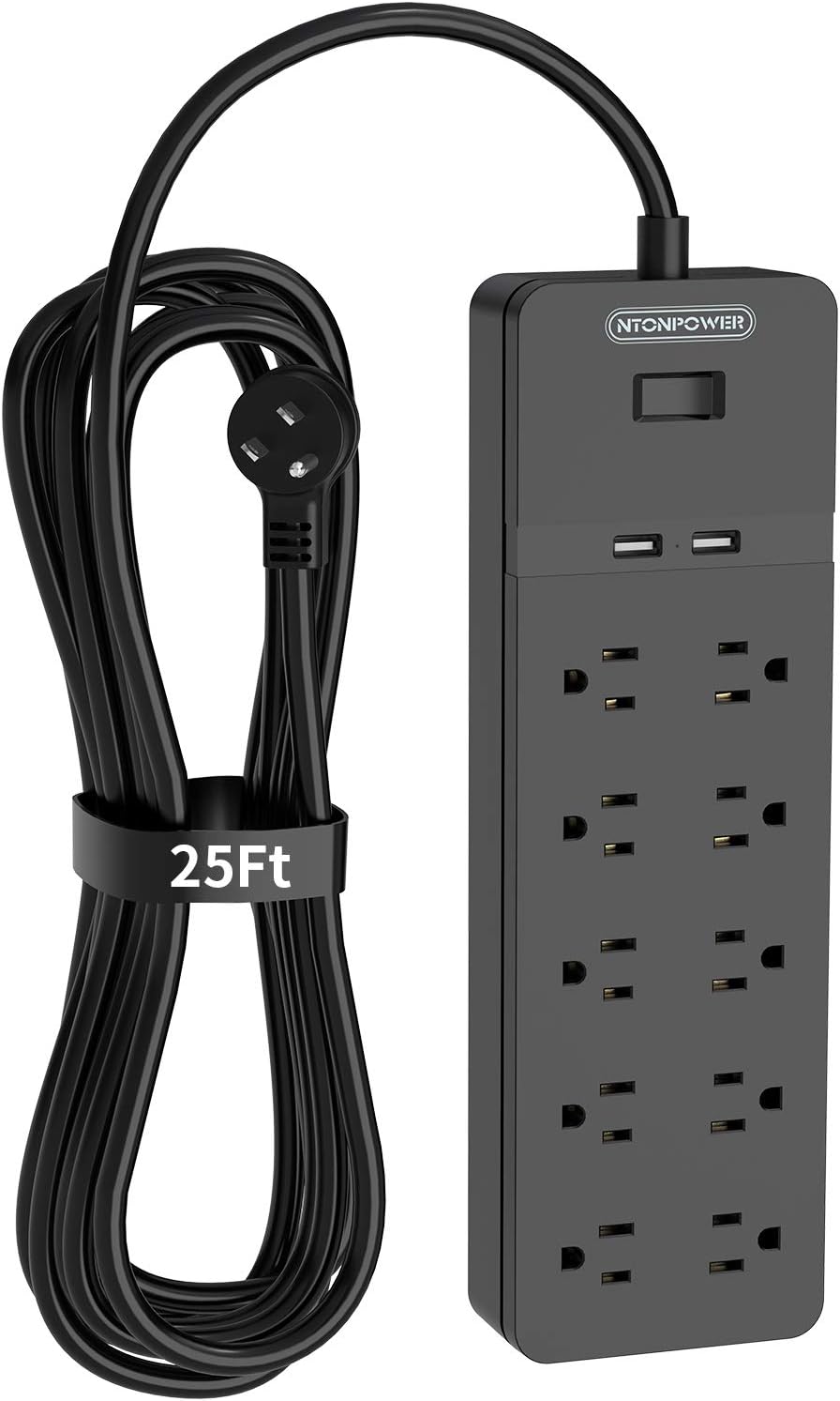 Flat Plug Extension Cord 25 Ft, 10 Outlets Power Strip Surge Protector with 2 USB, 1080 Joules, Wall Mountable, Pack of 2 A25761
