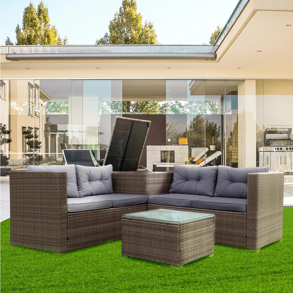 4 Piece Patio Sectional Wicker Rattan Outdoor Furniture Sofa Set with Storage Box Grey D23091
