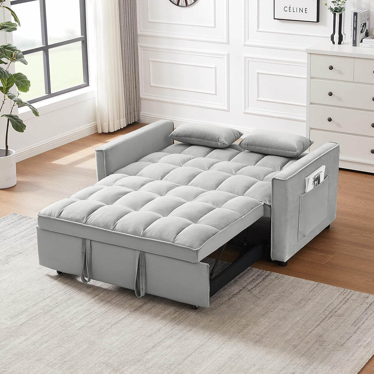 Gray Velvet Convertible Sofa Bed with Pullout Bed U3053