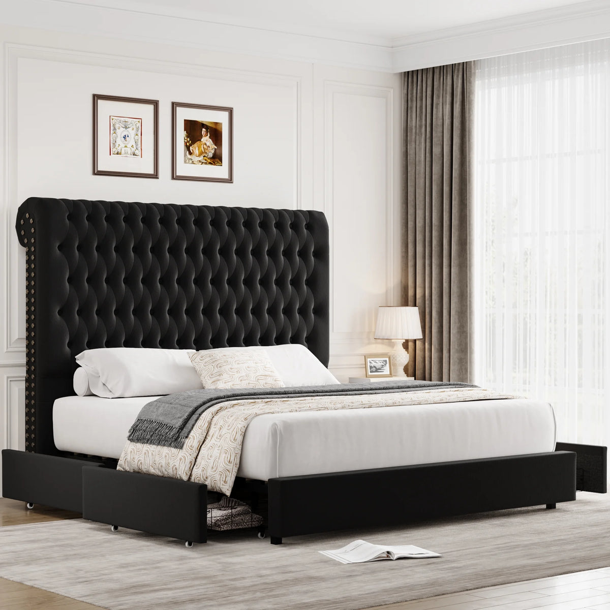 Queen Size Storage Bed with Tall Headboard and Drawers F337584