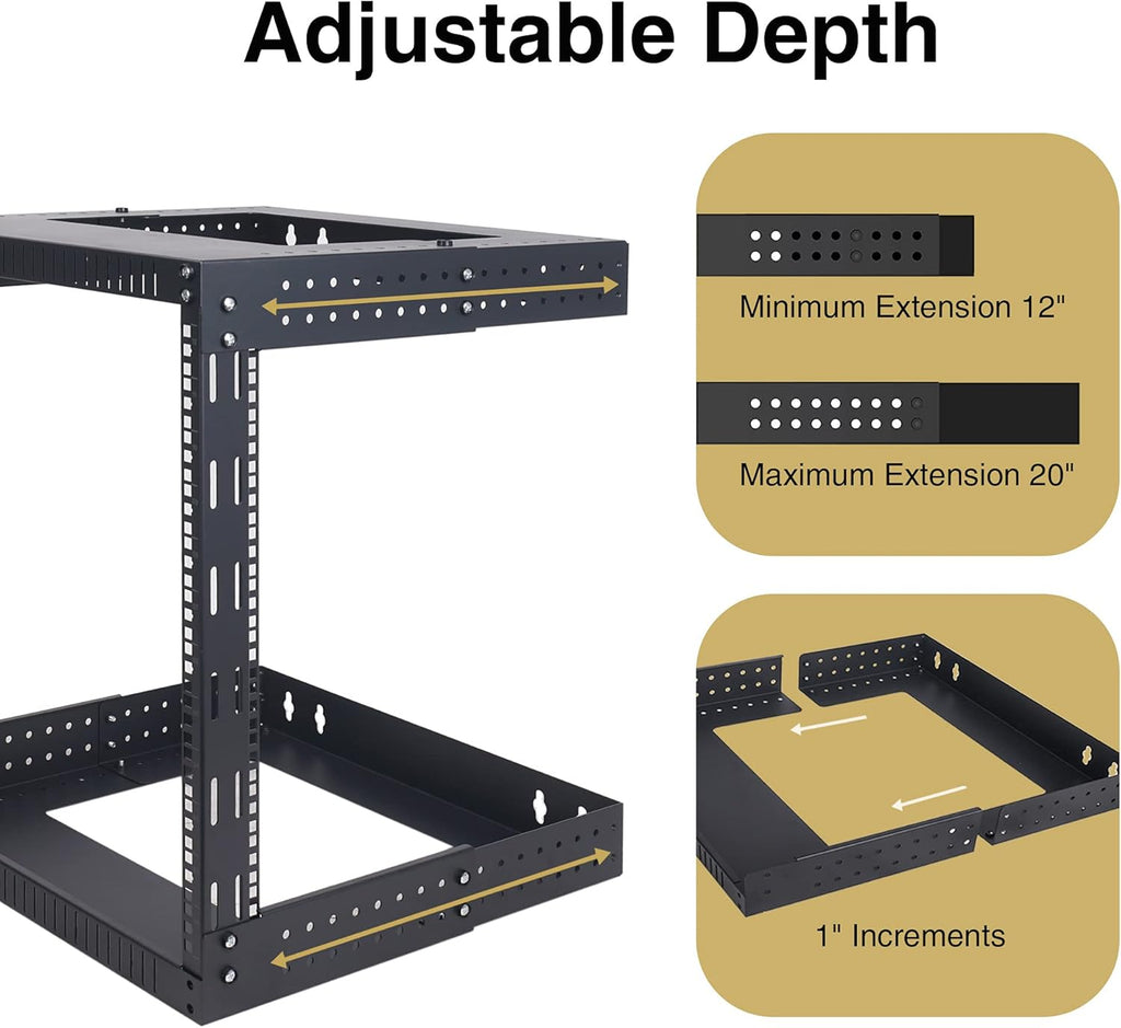 15U Wall-Mount Open Frame Server and Network Equipment Rack with Adjustable Depth 12"-20" L713