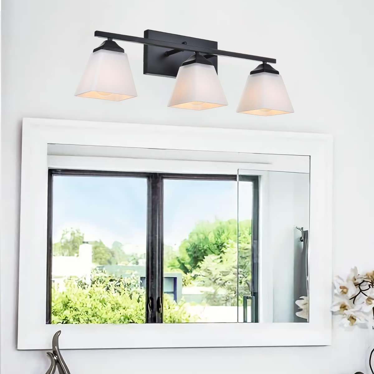3 Light Black Bathroom Vanity Light Fixture with Opal White Glass Shade T6236