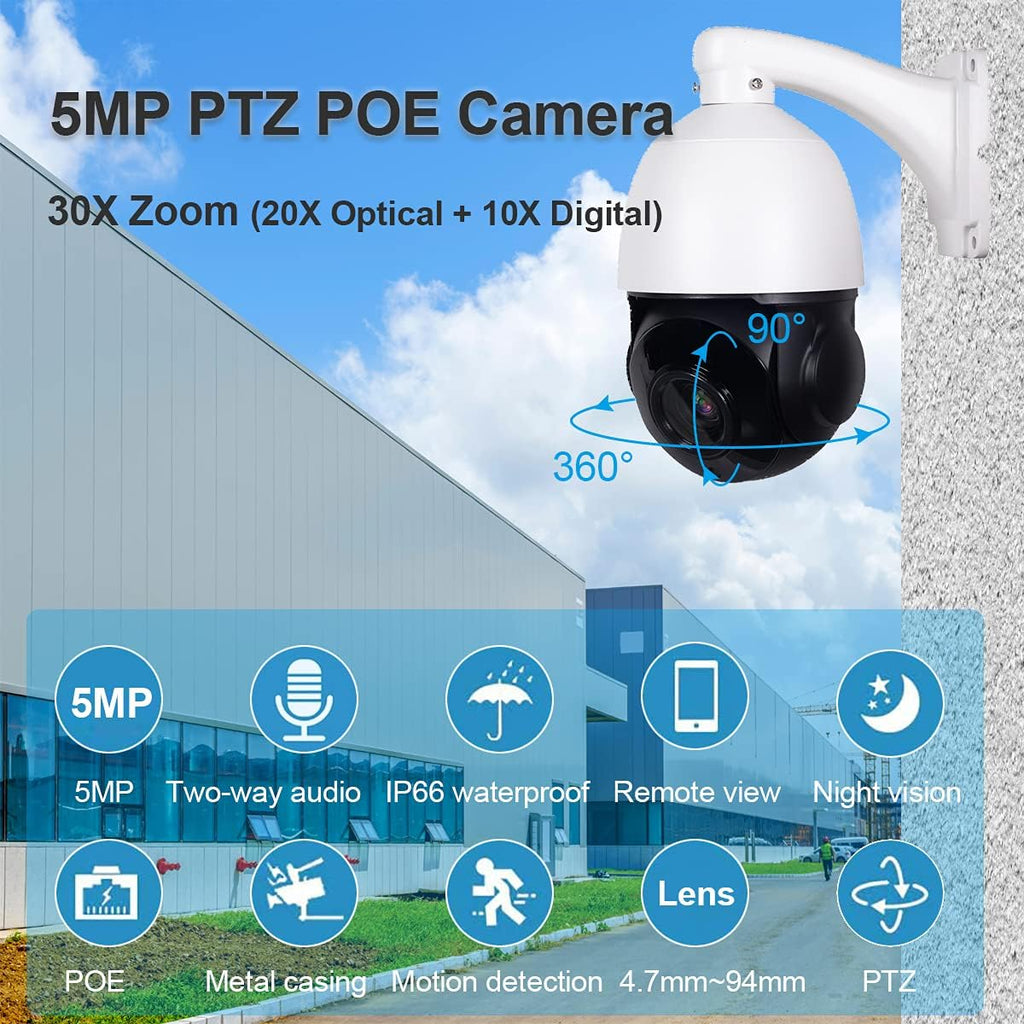 5MP PTZ PoE IP Security Camera with 20x Optical Zoom, 260ft IR Night Vision, IP66 Waterproof N837131