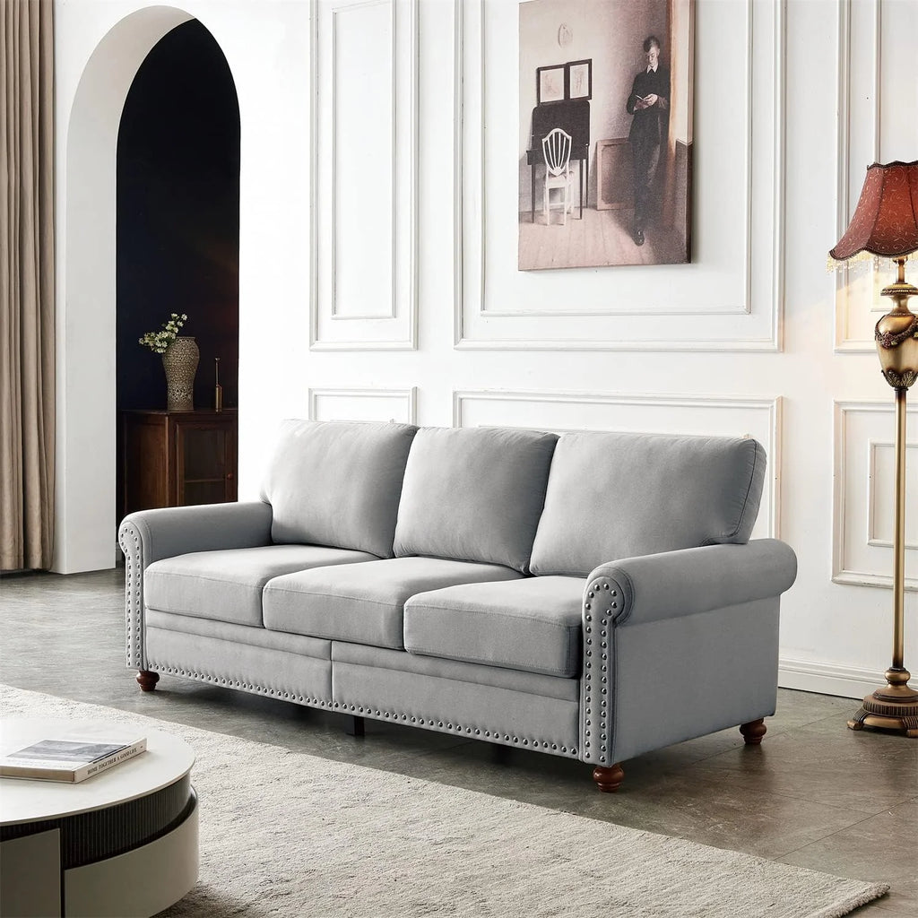 Grey Fabric Upholstered Sofa with Storage and Solid Wood Legs S8966
