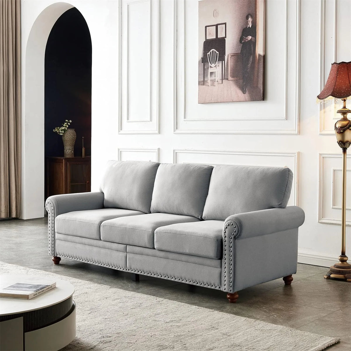 Grey Fabric Upholstered Sofa with Storage and Solid Wood Legs S8966