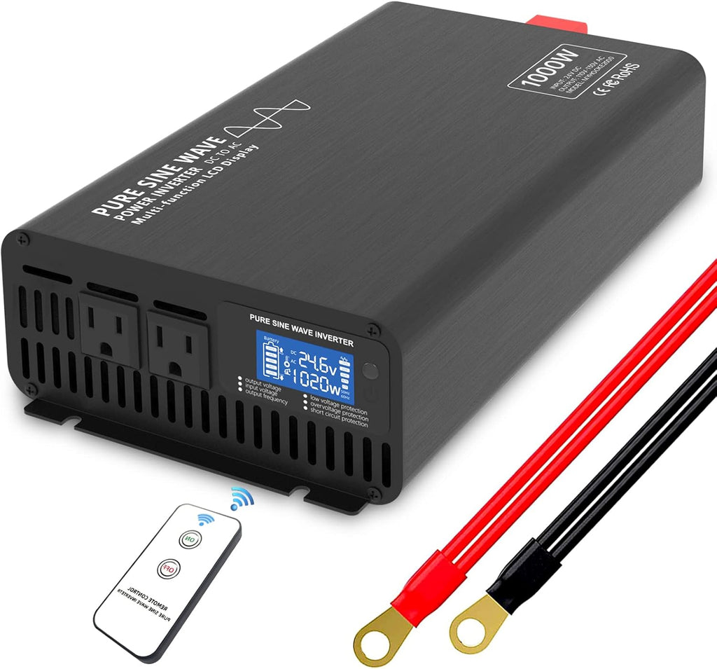 1000W Pure Sine Wave Power Inverter DC 24V to AC 110V-130V with LCD Display and Wireless Remote Control V5029