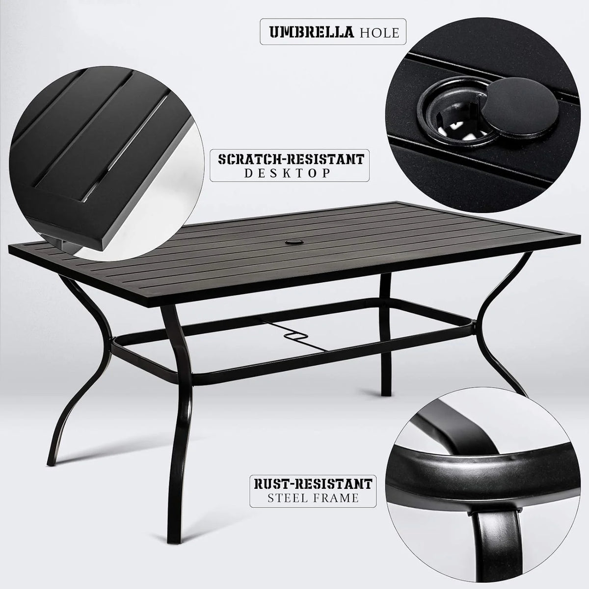 4 Seat Metal Square Outdoor Dining Table with Umbrella Hole, Black H83548