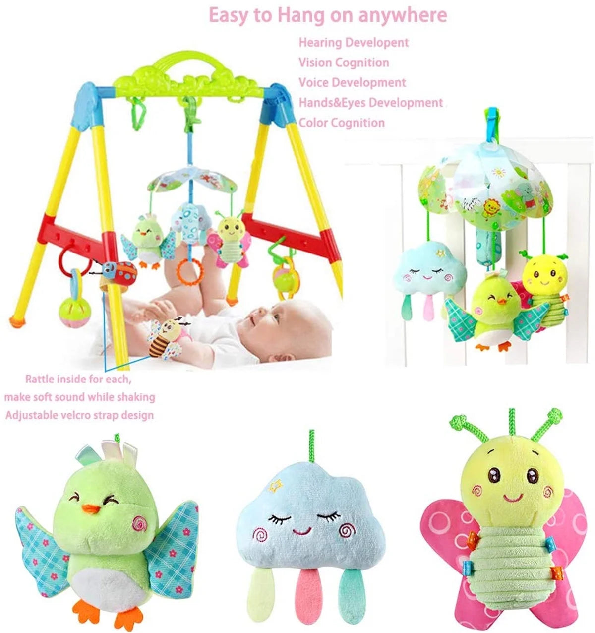 Baby Car Seat Toys Clip On Stroller Toy with Birds and Bees Hanging Rattle, Two Wrist Rattles J74478