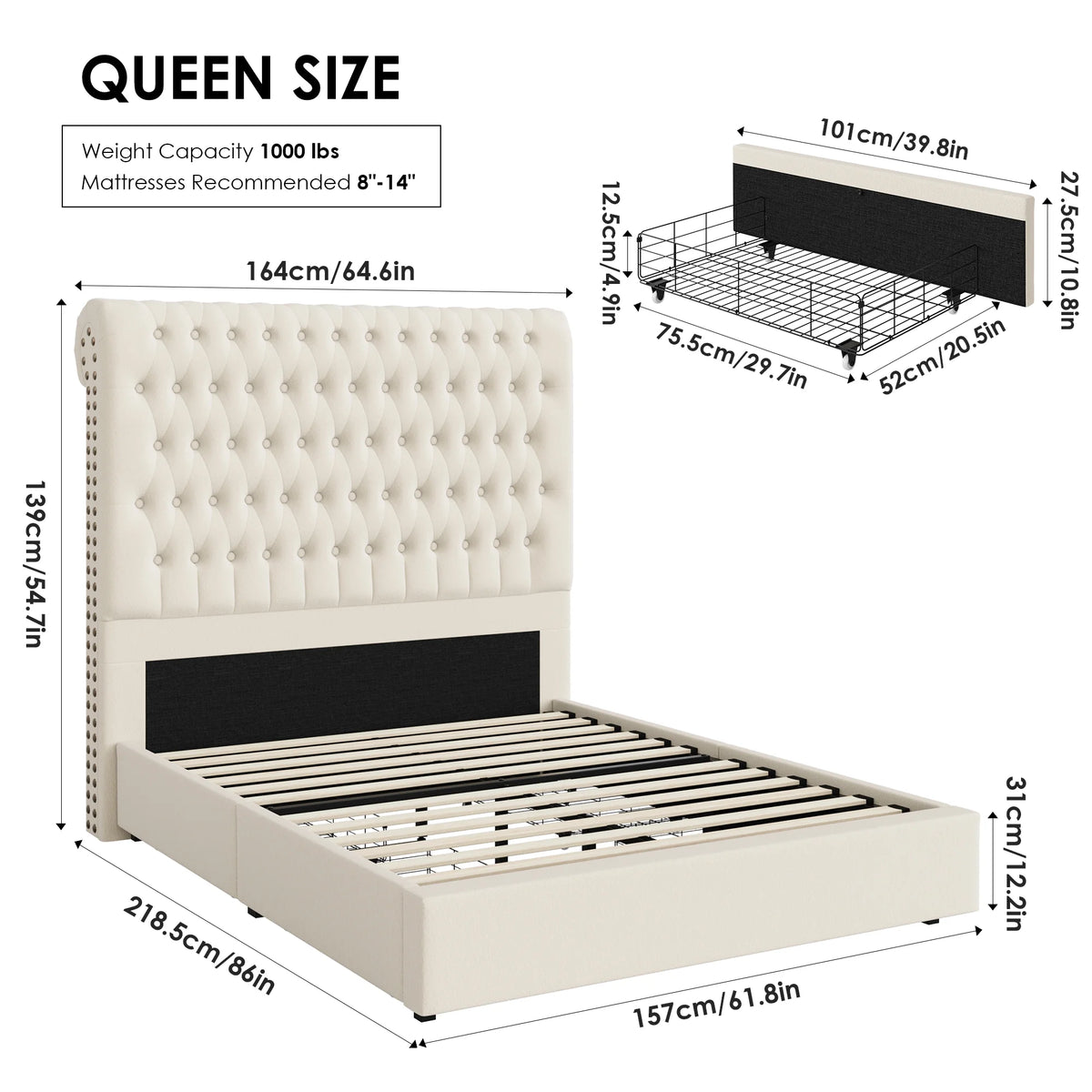 Queen Size Storage Bed with Tall Headboard and Drawers F337584