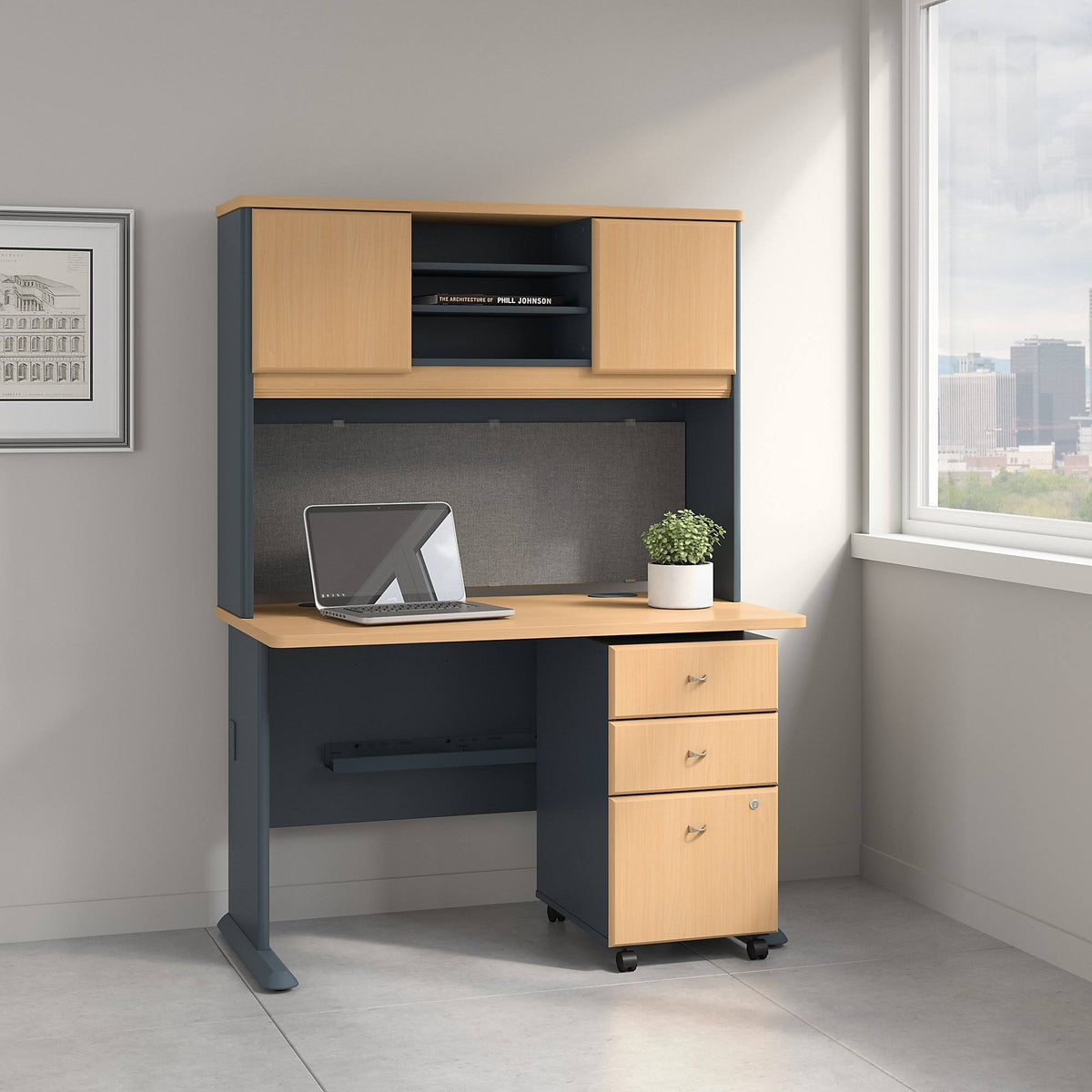 48W Desk with Hutch and Mobile File Cabinet M579