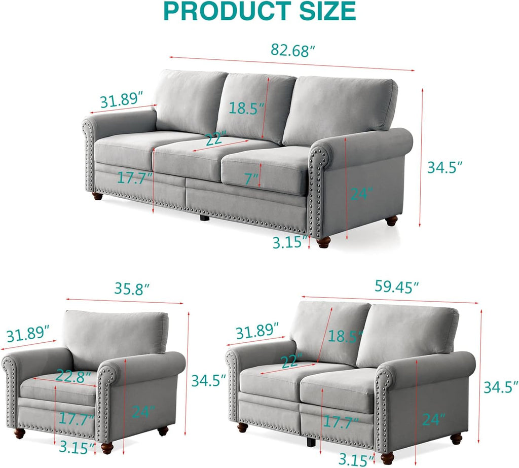 Grey Fabric Upholstered Sofa with Storage and Solid Wood Legs S8966