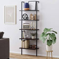 Walnut Brown/Black 5-Shelf Wood Ladder Bookcase with Metal Frame P629928