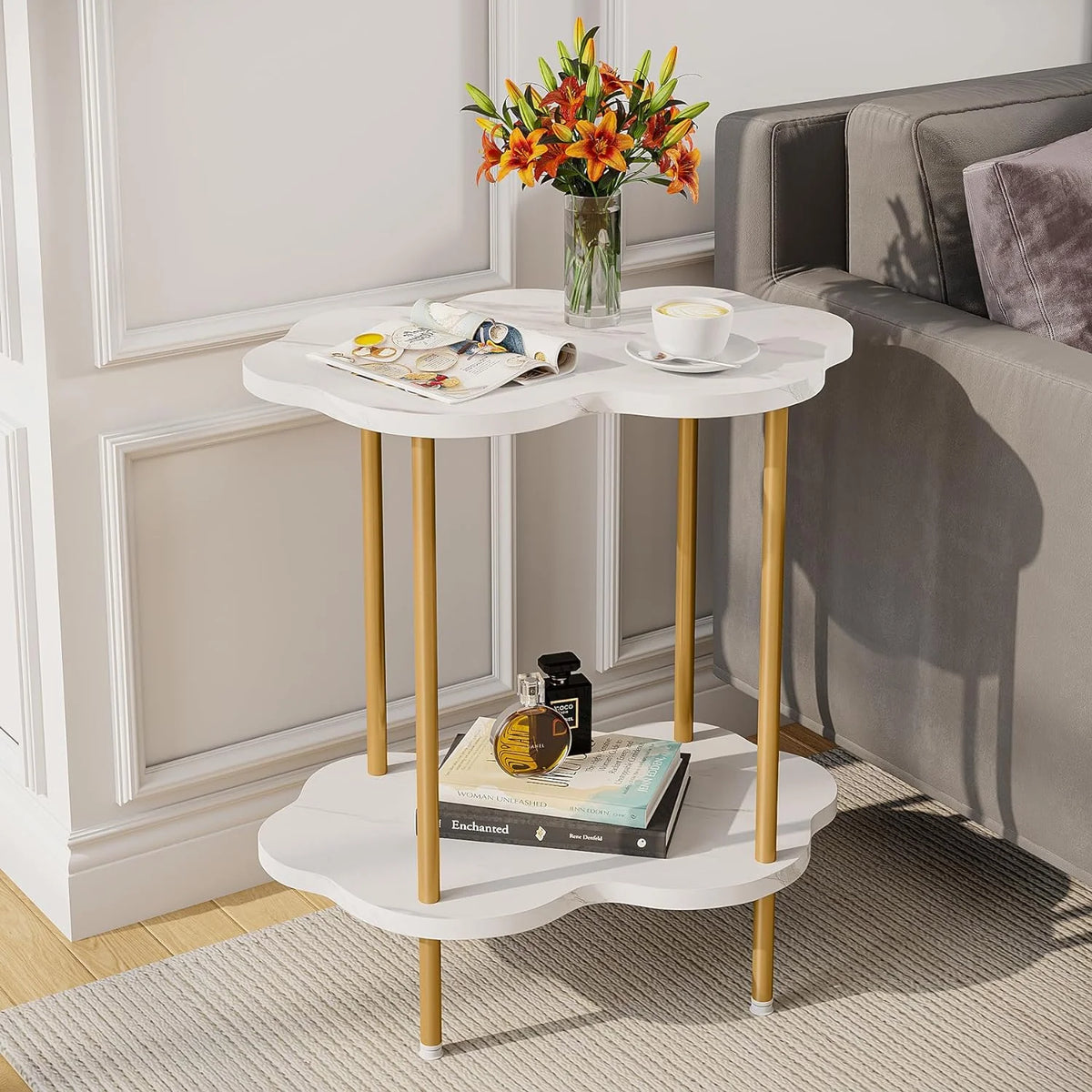 White Gold Faux Marble 2-Tier End Table Q5464