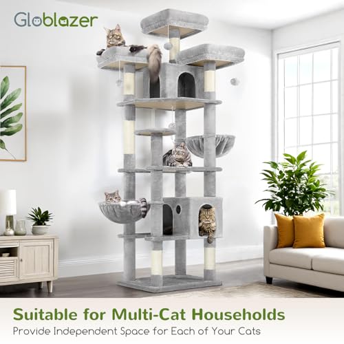 82-inch XXL Tall Cat Tree with Scratching Post, 3 Perches, 2 Condos, 2 Hanging Baskets, Light Grey I297172