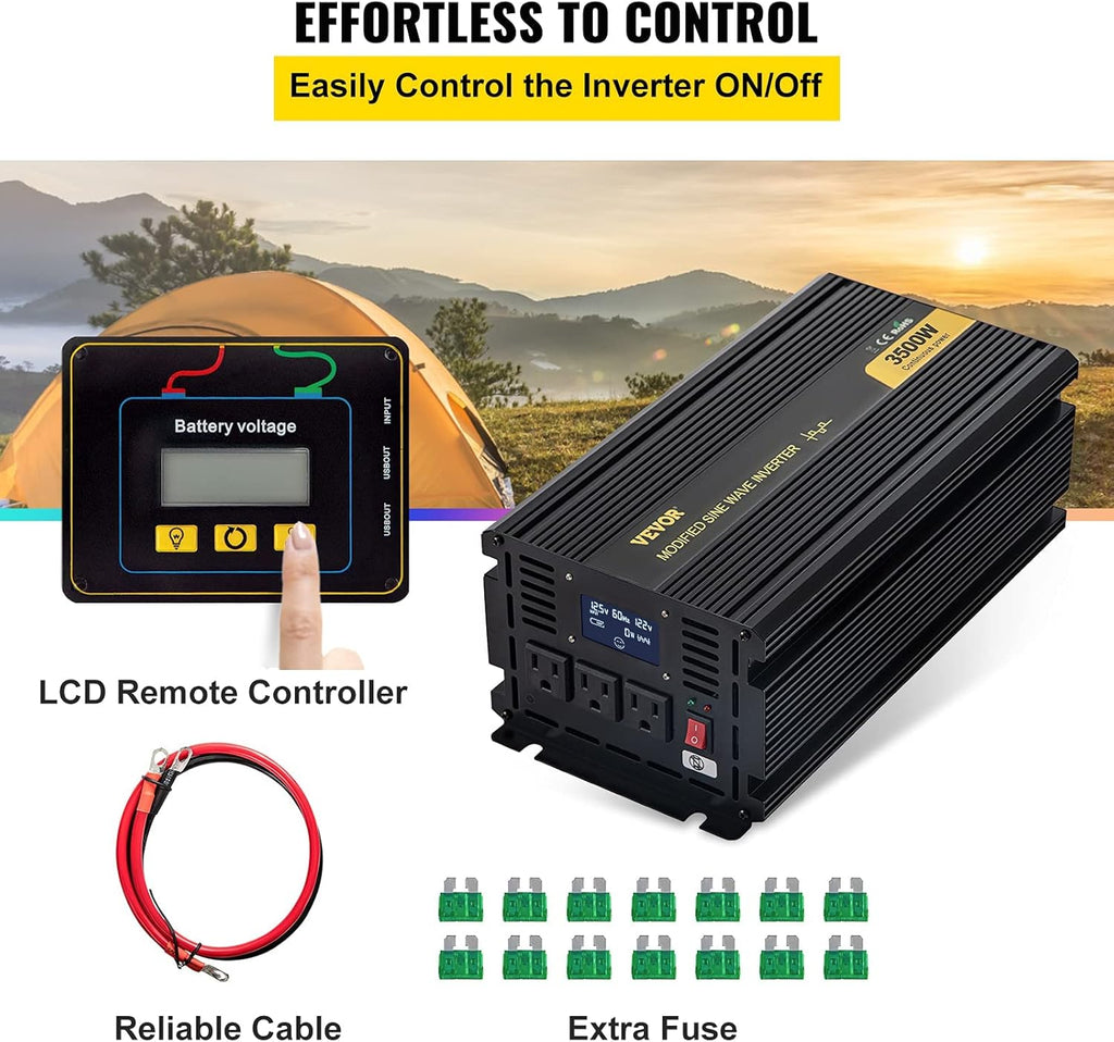 3500W Modified Sine Wave Power Inverter, DC 12V to AC 120V, with LCD Display and Remote Controller H4167