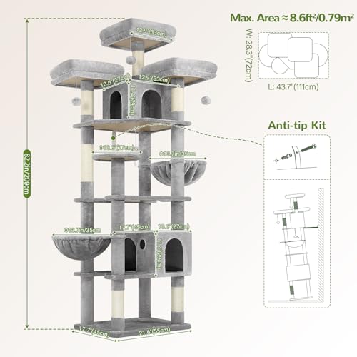 82-inch XXL Tall Cat Tree with Scratching Post, 3 Perches, 2 Condos, 2 Hanging Baskets, Light Grey I297172