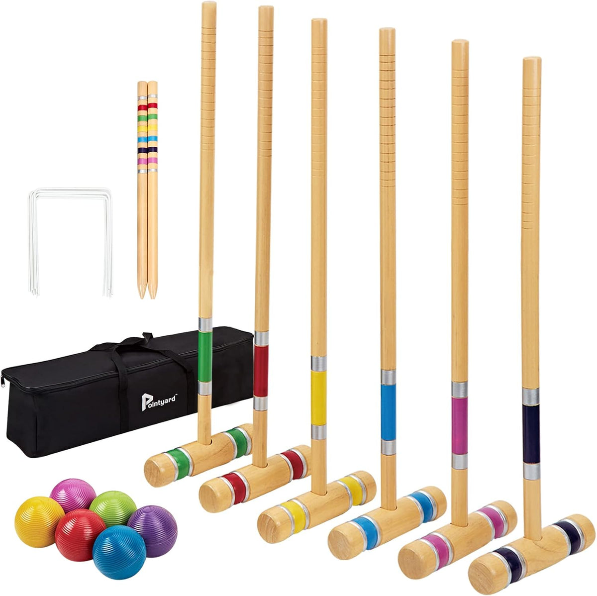 Six Player Croquet Set with Wooden Mallets, Colored Ball, Wickets, Stakes, Carry Bag U2759