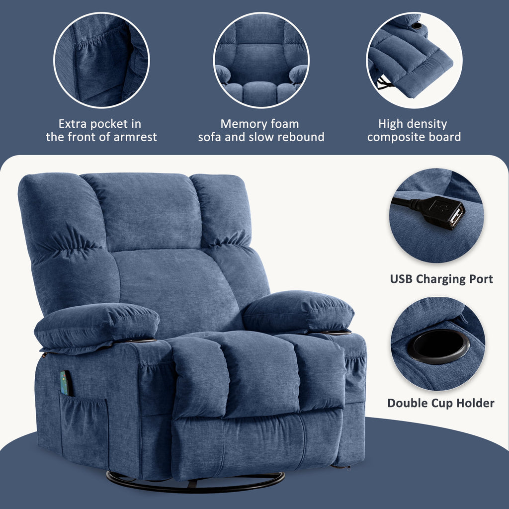 Blue Ergonomic Massage Rocker Recliner Chair with Vibration and Heat P98857
