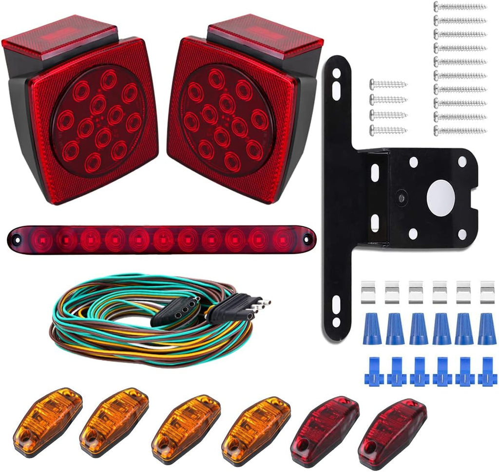 LED Trailer Lights Kit, Submersible Square Stop Turn Tail Lights with Wire & Bracket, Red/Amber Side Marker Lights, 3rd Brake ID Light Bar Y39175