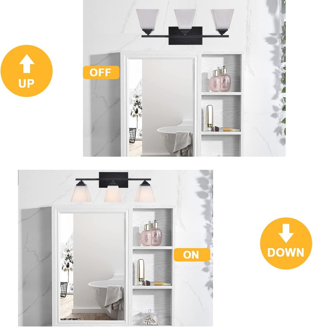 3 Light Black Bathroom Vanity Light Fixture with Opal White Glass Shade T6236