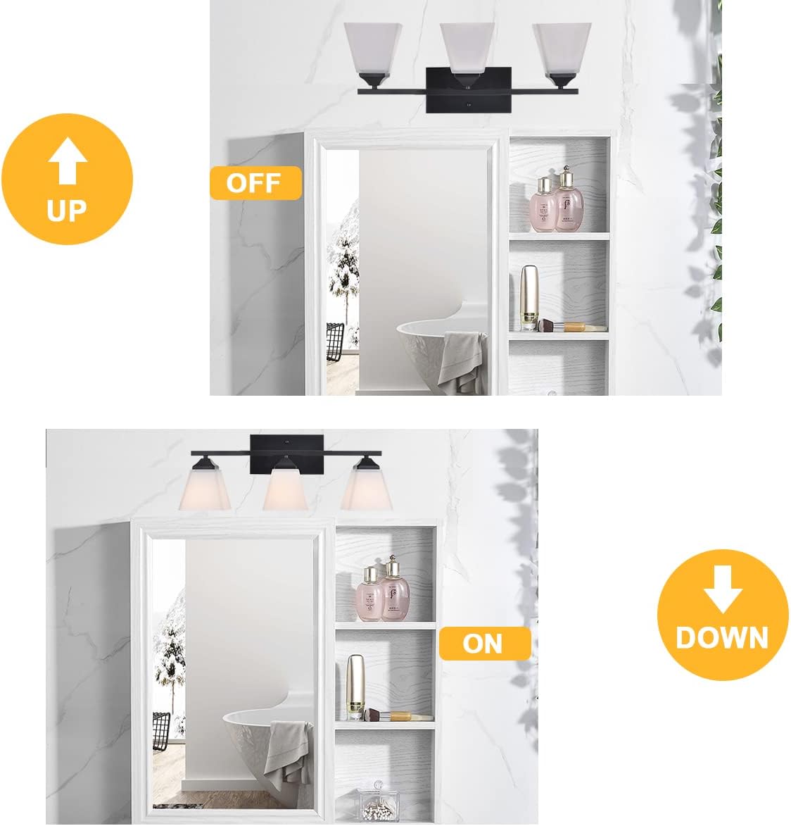 3 Light Black Bathroom Vanity Light Fixture with Opal White Glass Shade T6236