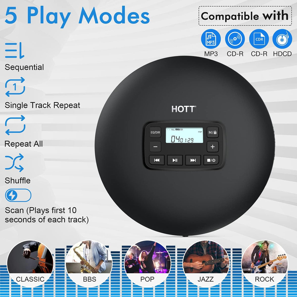 Portable CD Player with Stereo Earphones, Black Z995