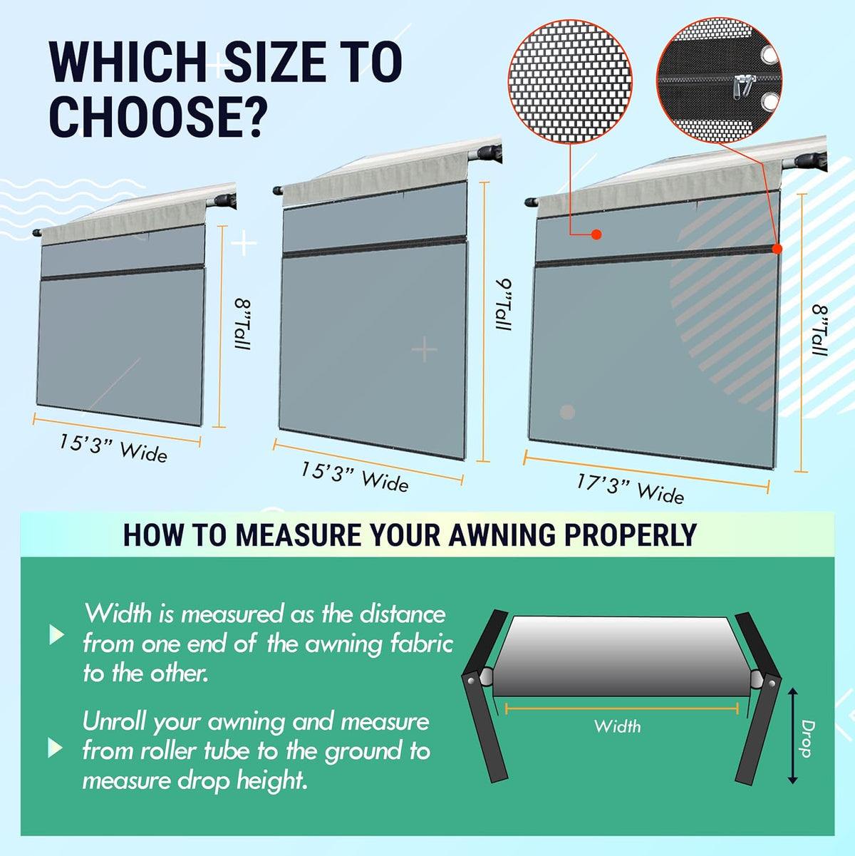 RV Awning Shade Screen 8x15.3’ with Zipper G3214