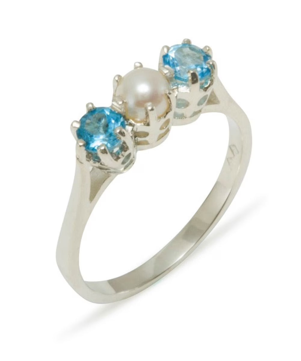 925 Sterling Silver Cultured Pearl & Blue Topaz Engagement Ring N489960