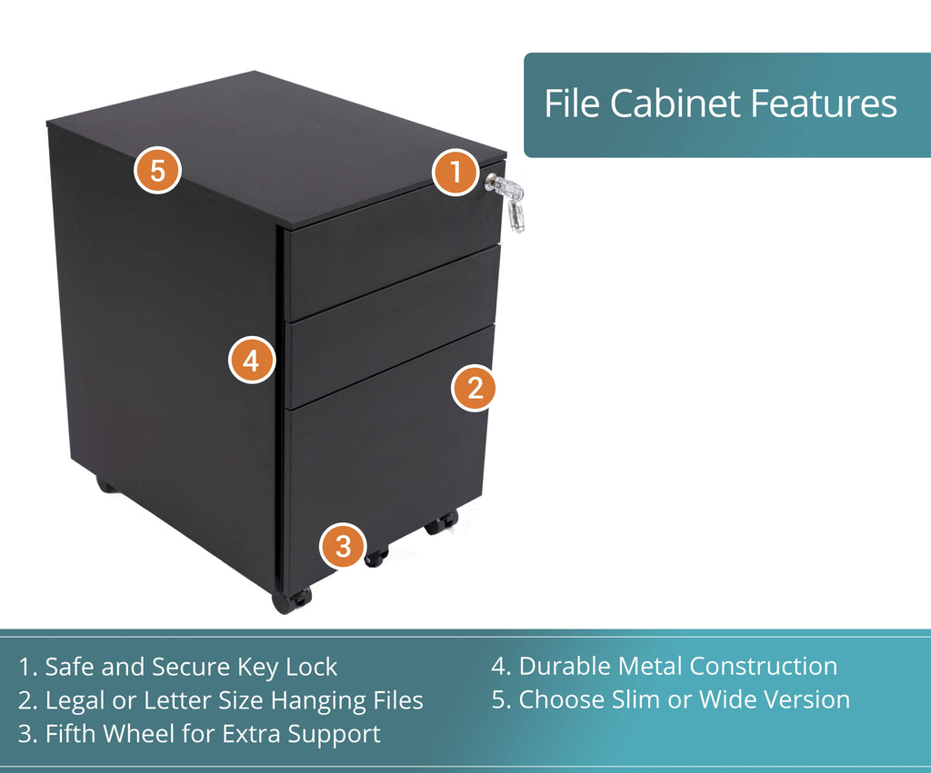 Black Wide 3 Drawer Rolling File Cabinet N149