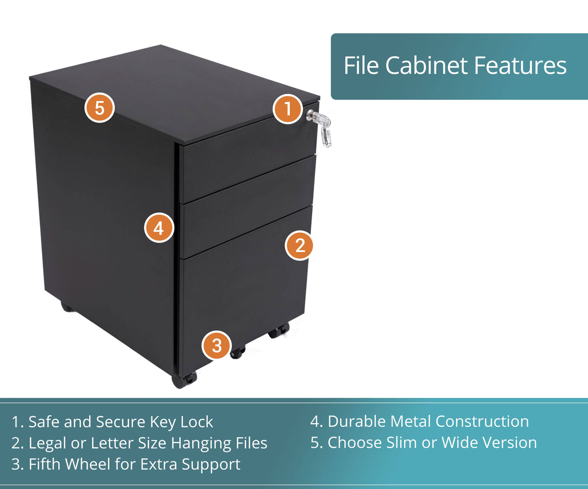 Black Wide 3 Drawer Rolling File Cabinet N149